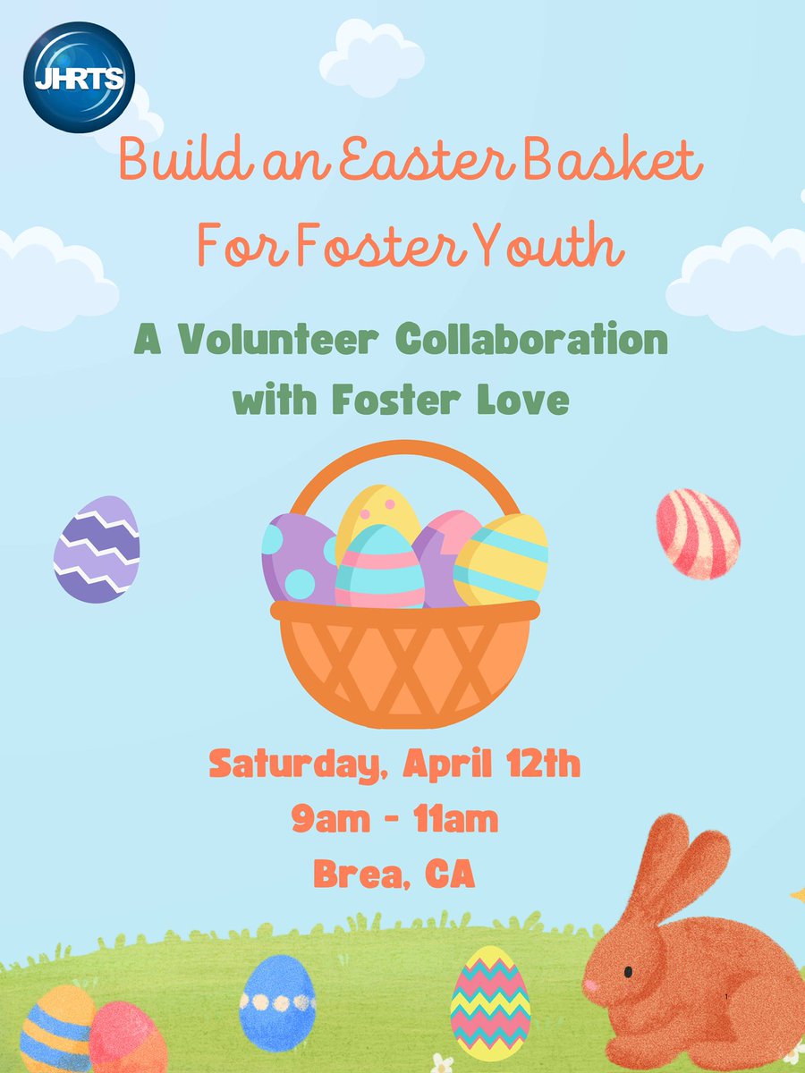 Hop on and join fellow members on an egg-cellent volunteering activity with Foster Love. This will be a 2-hour basket making event, putting together Easter baskets for children in foster care.

Saturday, April 12, 2025
9AM PT
Brea, CA 92821
RSVP: hrts.org/eventsmodule/#…