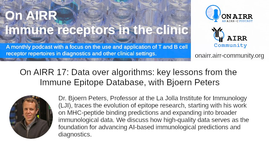 🚀 Episode 17 of #OnAIRR is here!
 
The <a href="/airr_community/">airr_community</a> podcast hosts <a href="/bpeters/">bpeters</a> discussing why good immunological data often matters more than algorithm improvements.

🎧 Listen in any podcast app or here: onairr.airr-community.org
📅 New episodes every month!

#AIRRC