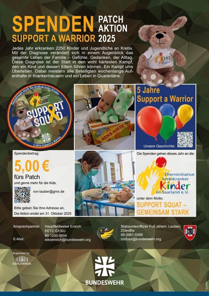 Repost:

5 € pro Patch für krebskranke Kinder - gerne mehr für die gute Sache.

Organisiert von einem meiner Kameraden des ZGeo. Bei Fragen vermittle ich gerne.

 Sehr gerne teilen, für Reichweite bin ich dankbar!