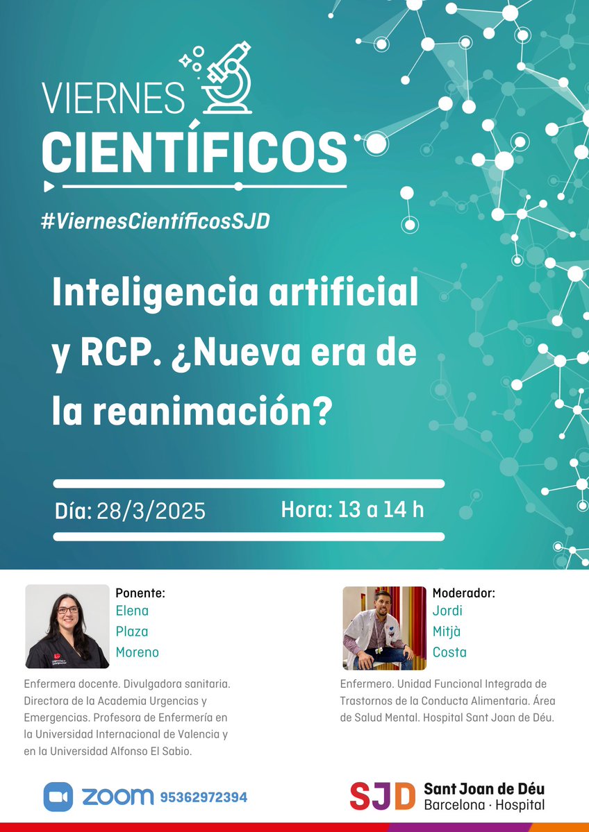 Os espero (acceso gratuito online para todo el mundo) en los #viernescientíficos de <a href="/SJDFormacion/">SJD Formación</a>  

🧠 Inteligencia Artificial y RCP: ¿Nueva era de la reanimación? 💡

📅 28 de marzo 
🕑 13:00 - 14:00 h.
🔝 Acceso: formacion.sjdhospitalbarcelona.org/es/formaciones…

#IASalud  #RCP #urgenciasyemergencias