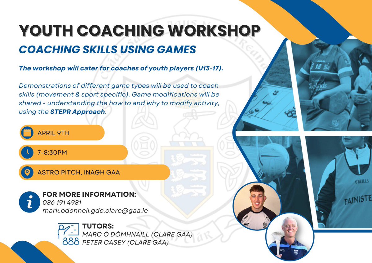 Marc Ó Dómhnaill (@mod_claregaagdc) on Twitter photo Coach Development with <a href="/Hurlingcoach/">Peter Casey</a> & <a href="/claregaacg/">Clare GAA C&G Dev</a>
🗓️ Aibreán 9ú
🕖 7 i.n.
📍 Páirc Astro, <a href="/inagh_kilnamona/">Inagh Kilnamona GAA</a>
Coaches are invited to input their details for our upcoming Youth Coaching Workshop. Completion of the form will confirm your attendance.
forms.office.com/e/LG7fLybKy2 Coach Development with <a href="/Hurlingcoach/">Peter Casey</a> & <a href="/claregaacg/">Clare GAA C&G Dev</a>
🗓️ Aibreán 9ú
🕖 7 i.n.
📍 Páirc Astro, <a href="/inagh_kilnamona/">Inagh Kilnamona GAA</a>
Coaches are invited to input their details for our upcoming Youth Coaching Workshop. Completion of the form will confirm your attendance.
forms.office.com/e/LG7fLybKy2