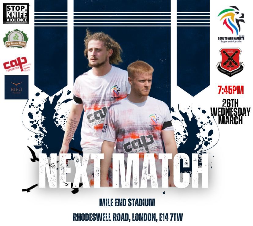 SoulTHFC's tweet photo. Midweek Clash Under the Lights! 🔥⚽
We’re at home in Mile End taking on @SCThamesmeadFC this Wednesday, 26th – Kick-off at 7:45 PM.
Come down and show your support! #SOULTH #Matchday #HomeGame https://t.co/idvqDVl5K5