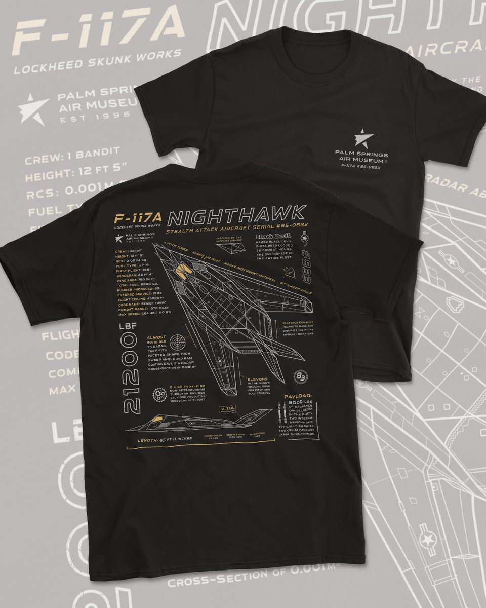 909 Apparel® (@909apparelco) on Twitter photo This Custom F-117A Nighthawk Front & Back Print T-Shirt tells the story of the F-117A #85-0833 ‘Black Devil’
🚨 Designed exclusively for <a href="/PSAirMuseum/">PS Air Museum</a> by <a href="/909ApparelCo/">909 Apparel®</a> • Get yours here: shop.palmspringsairmuseum.org/product/f-117a…
#f117nighthawk #F117A #stealth #skunkworks #avgeek #stealthfighter This Custom F-117A Nighthawk Front & Back Print T-Shirt tells the story of the F-117A #85-0833 ‘Black Devil’
🚨 Designed exclusively for <a href="/PSAirMuseum/">PS Air Museum</a> by <a href="/909ApparelCo/">909 Apparel®</a> • Get yours here: shop.palmspringsairmuseum.org/product/f-117a…
#f117nighthawk #F117A #stealth #skunkworks #avgeek #stealthfighter