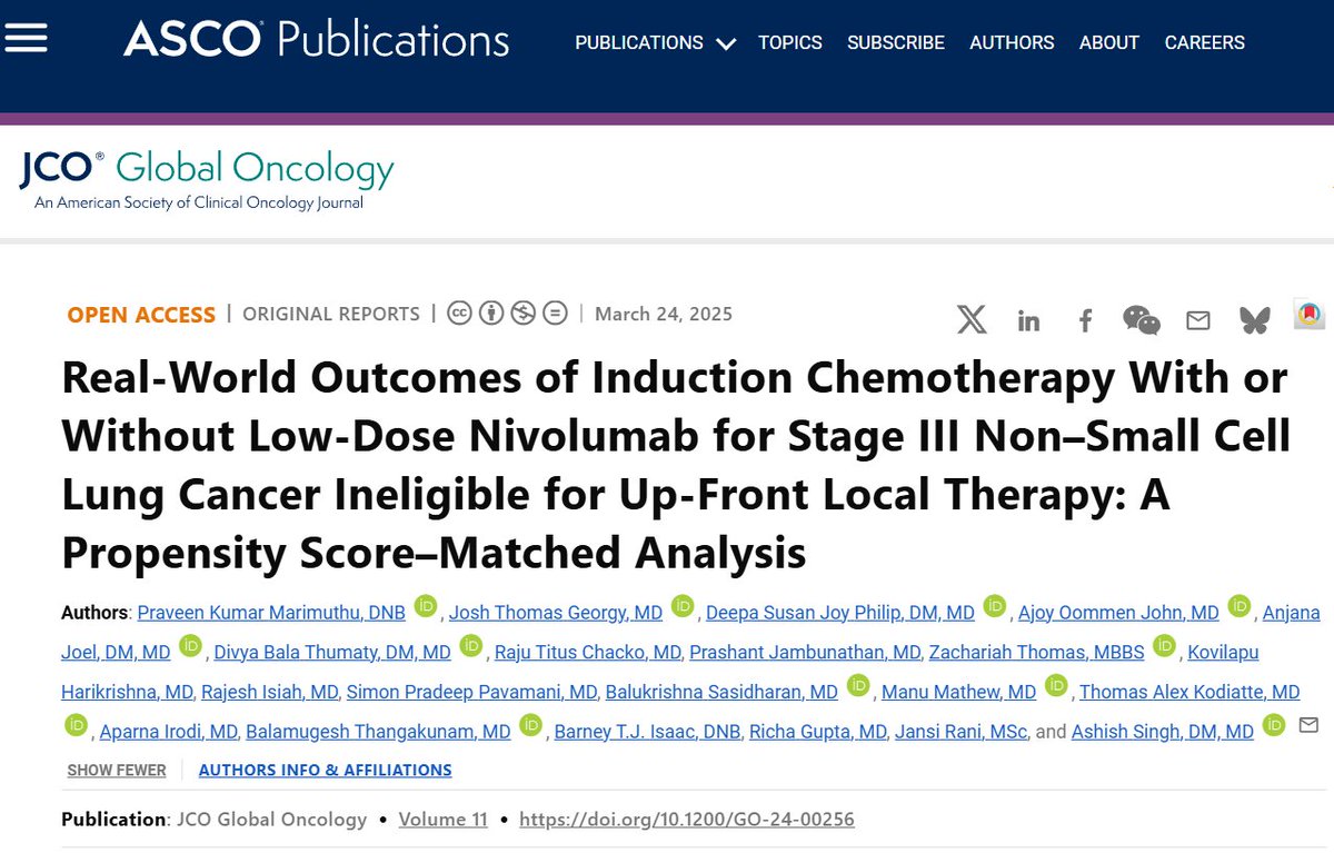 Josh Thomas Georgy (@jtgeorgy) on Twitter photo Thrilled to share our new paper in <a href="/JCOGO_ASCO/">JCO Global Oncology</a> from ThoracicOnc <a href="/OffCMCVellore/">CMC Vellore (Official)</a>. PSM analysis of 2 cohorts stage III NSCLC(ineligible for upfront local Rx): adding low-dose nivolumab + induction chemo⬆️ORR, PFS; 🔼accessibility⬇️cost esp in #LMIC #LCSM <a href="/brunolarvol/">ONCO BRUNO</a> <a href="/OncoAlert/">OncoAlert</a> Thrilled to share our new paper in <a href="/JCOGO_ASCO/">JCO Global Oncology</a> from ThoracicOnc <a href="/OffCMCVellore/">CMC Vellore (Official)</a>. PSM analysis of 2 cohorts stage III NSCLC(ineligible for upfront local Rx): adding low-dose nivolumab + induction chemo⬆️ORR, PFS; 🔼accessibility⬇️cost esp in #LMIC #LCSM <a href="/brunolarvol/">ONCO BRUNO</a> <a href="/OncoAlert/">OncoAlert</a>