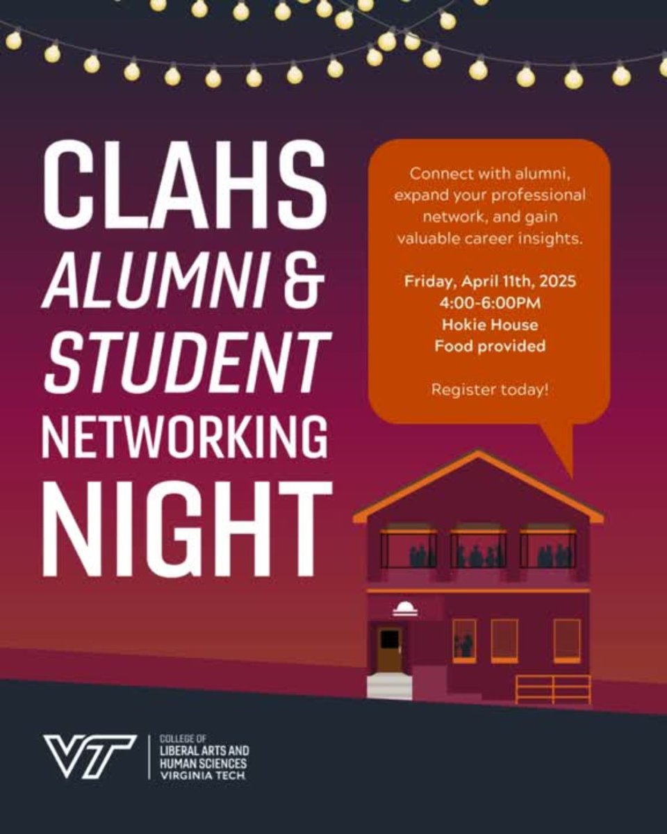 Virginia Tech Liberal Arts (@vt_liberalarts) on Twitter photo 🎓 CLAHS Alumni-Student Networking Event ✨ 
Join us for an exciting evening of connection and inspiration. 
🔗 RSVP: aimsbbis.vt.edu/clahsnetworkin… 🎓 CLAHS Alumni-Student Networking Event ✨ 
Join us for an exciting evening of connection and inspiration. 
🔗 RSVP: aimsbbis.vt.edu/clahsnetworkin…