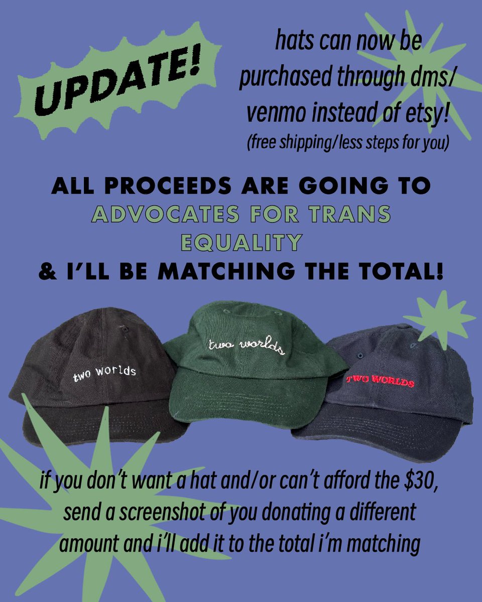 billymannino's tweet image. i looked at the money in the etsy account from these stupid hats this morning and felt wasteful and dumb, so all of it’s gonna go to advocates for trans equality + i’ll match whatever the final number is, gonna sell the rest thru dm so you don’t have to pay shipping