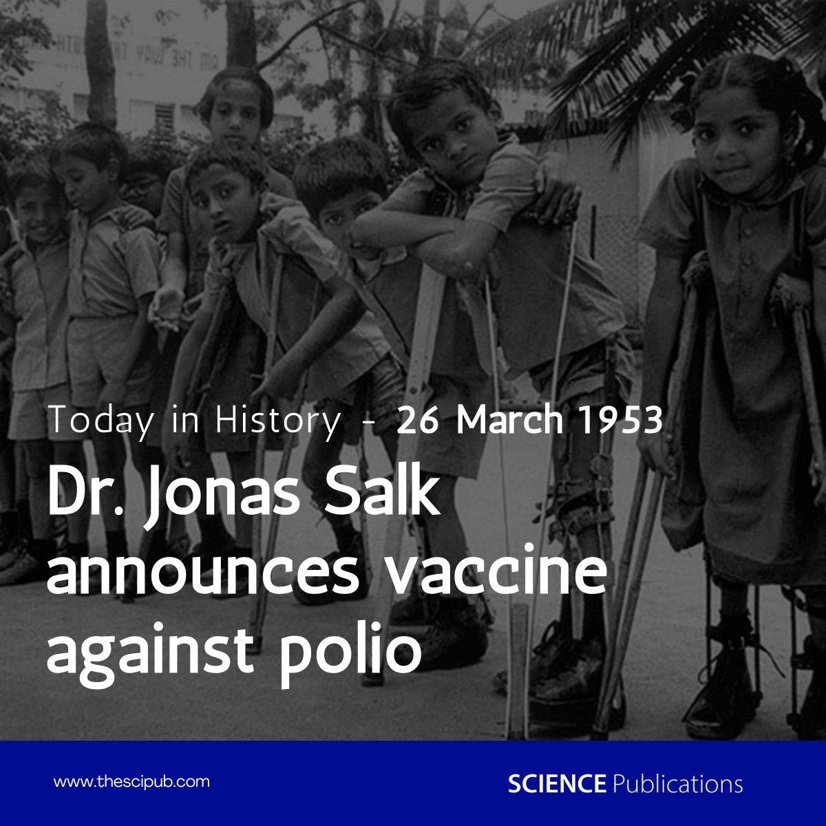 SciPub's tweet photo. On March 26, 1953  Dr. Jonas Salk announces the first successful polio vaccine! 

His discovery changed medicine forever. How has vaccine research evolved since then?

Read more in AJID: https://t.co/tgOSgPOtla

#PolioVaccine #JonasSalk #MedicalBreakthrough #VaccinesWork #AJID https://t.co/gtGx9KgKzX