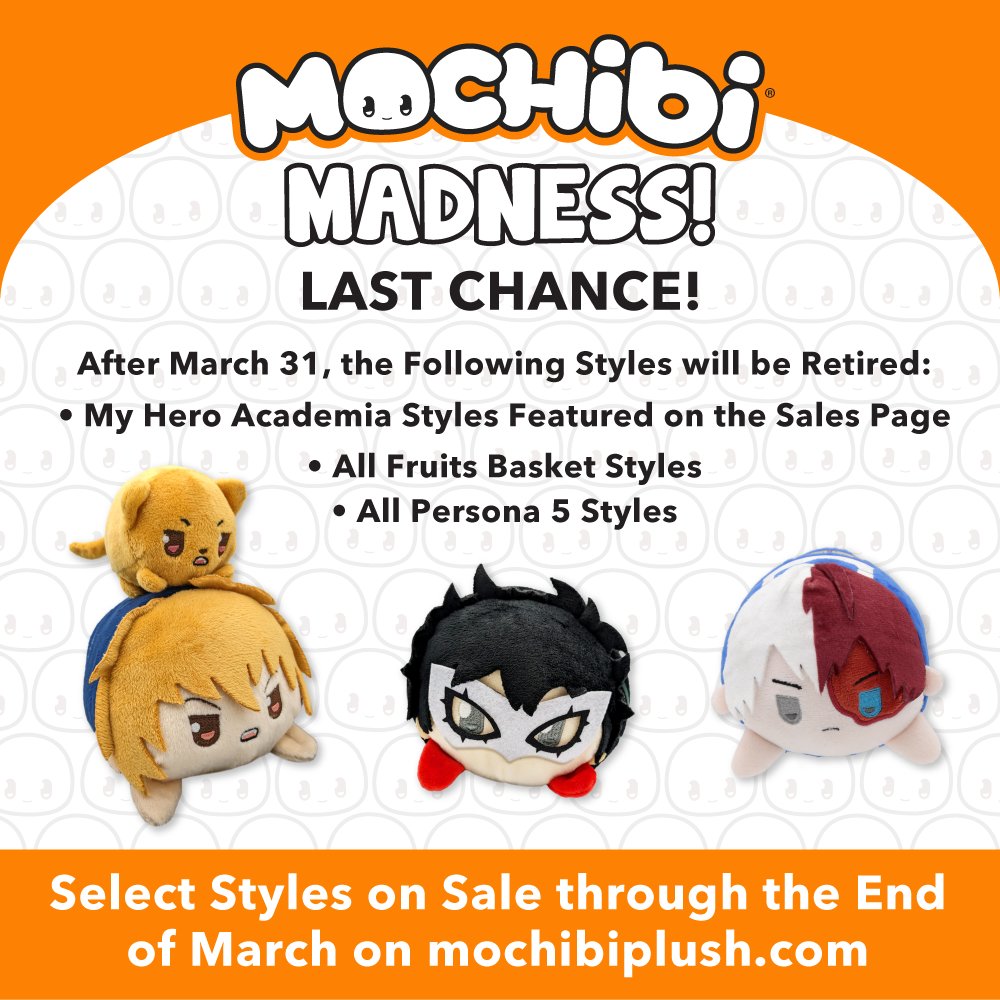 MochibiOfficial's tweet photo. The Mochibi Madness Sale Ends Soon! https://t.co/FAe8vYfzIJ #mochibiplush #myheroacademia #fruitsbasket #persona5 #tokyoghoul https://t.co/Zgkp8TxLqv