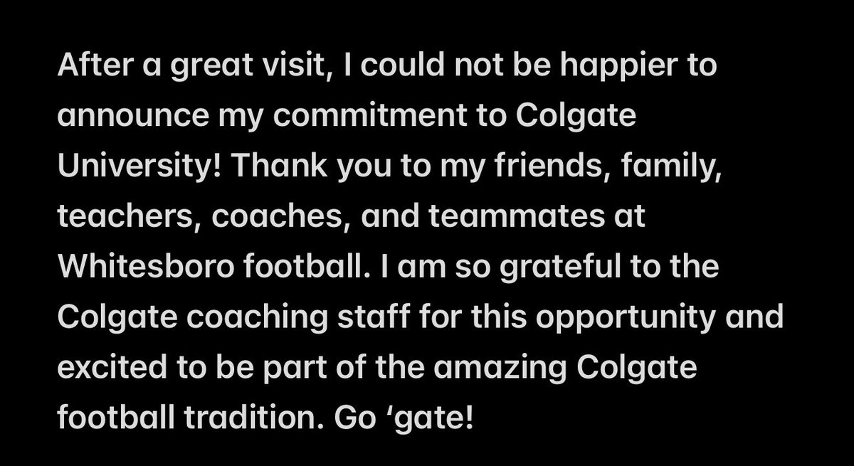 100% committed!! <a href="/ColgateFB/">Colgate Football</a> <a href="/WboroBBWC/">Whitesboro Football</a> <a href="/_CoachFitz/">Curt Fitzpatrick</a> <a href="/CoachRotch/">Patrick Rotchford</a> <a href="/CoachGerbino/">Joe Gerbino</a> <a href="/Coach_McCrann/">Dalton McCrann</a>