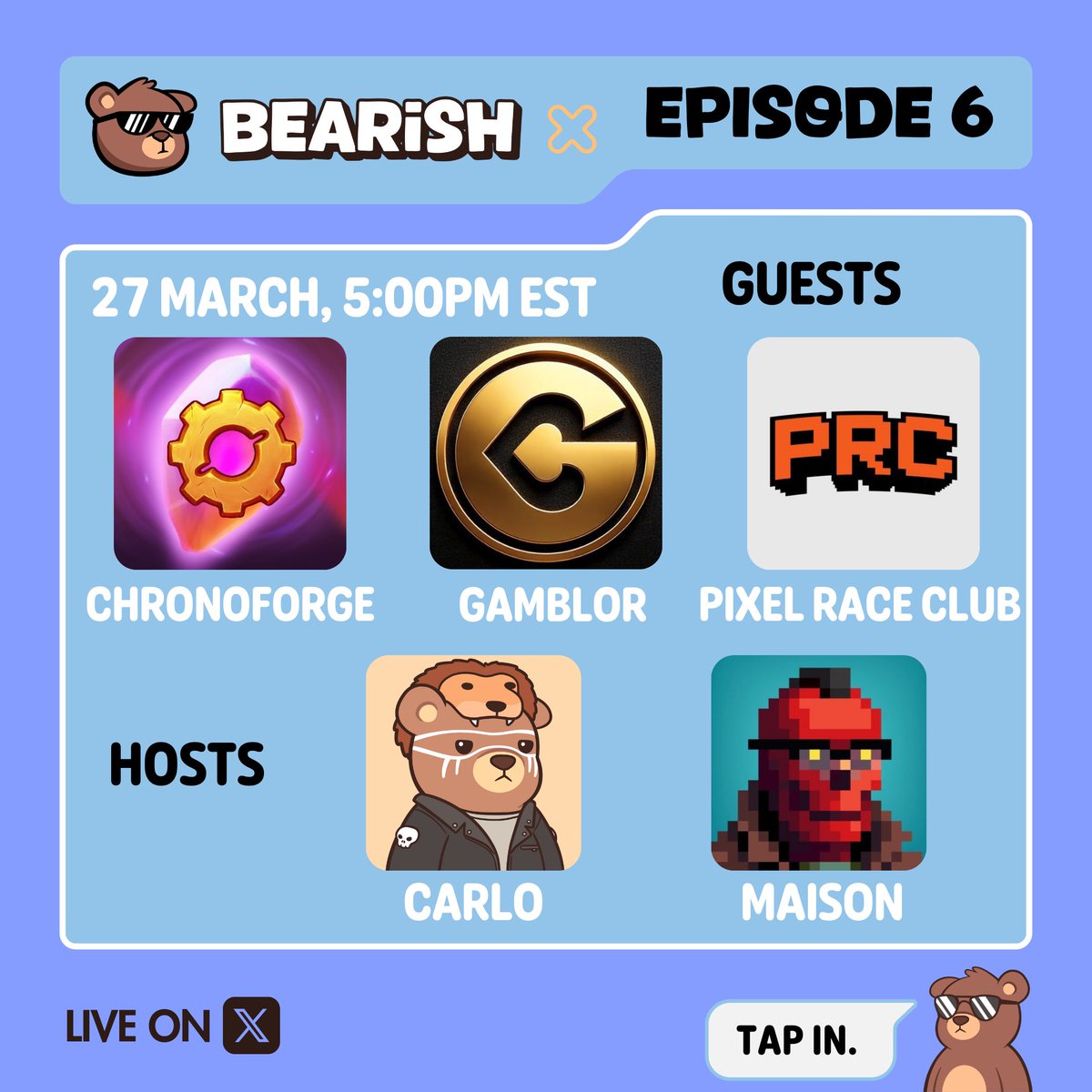 BEARISH (@bearish_af) on Twitter photo 🎙️BEARISH VIBES Ep. 6 now loading...
Join us 3/27 at 5PM EST for a little Grrrrsday Game Day Chat with special guests from <a href="/playchronoforge/">ChronoForge</a>, <a href="/GamblorCasino/">Gamblor Casino</a>, & <a href="/PixelRaceClub/">Pixel Race Club 🏎️</a>!
Hosted by <a href="/CarloLGarcia/">Carlo Lorenzo García</a> & <a href="/tMAIS0N/">𝐌𝐀𝐈𝐒𝐎𝐍💀🤙</a>
Set Reminder Below 👇 🎙️BEARISH VIBES Ep. 6 now loading...
Join us 3/27 at 5PM EST for a little Grrrrsday Game Day Chat with special guests from <a href="/playchronoforge/">ChronoForge</a>, <a href="/GamblorCasino/">Gamblor Casino</a>, & <a href="/PixelRaceClub/">Pixel Race Club 🏎️</a>!
Hosted by <a href="/CarloLGarcia/">Carlo Lorenzo García</a> & <a href="/tMAIS0N/">𝐌𝐀𝐈𝐒𝐎𝐍💀🤙</a>
Set Reminder Below 👇