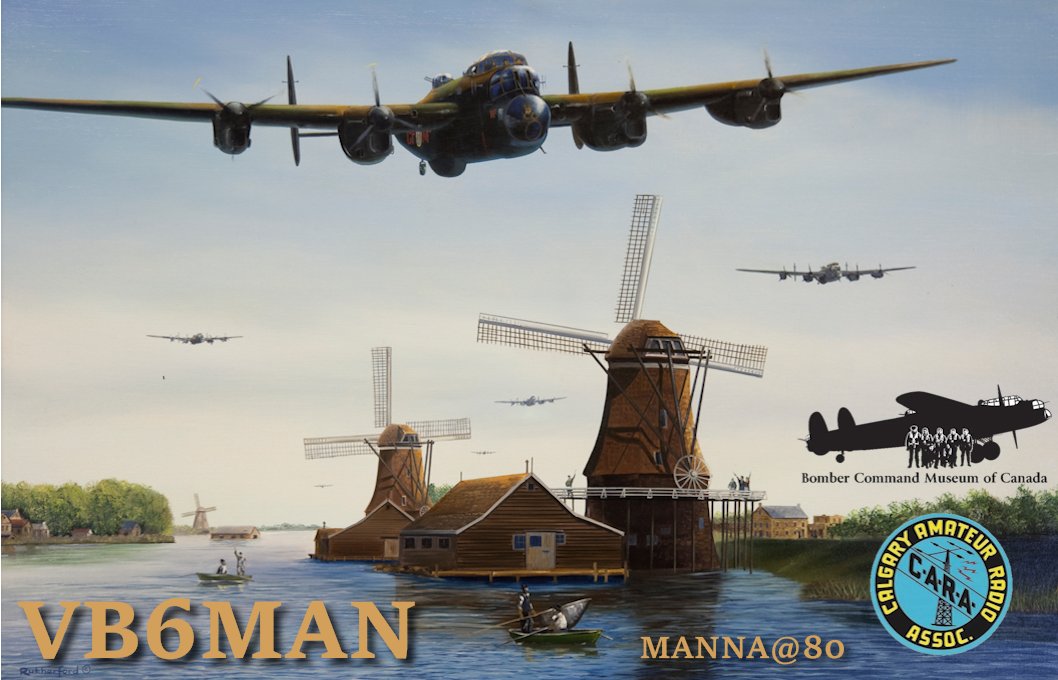 Just released today, the QSL card for the Manna80 radio event this coming 2025 April 26 at the Bomber Command Museum in Nanton, Alberta.  Fantastic!