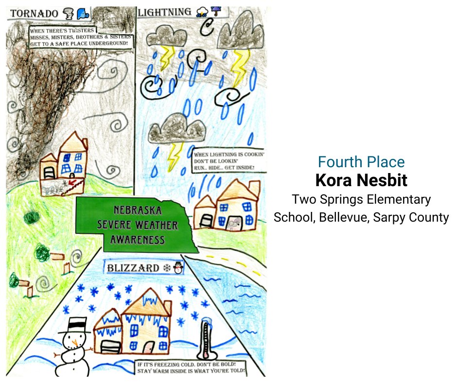 NEMAtweets's tweet photo. Congratulations to our top 4 winners in the annual Severe Weather Awareness Poster Contest.

The third grade students will be recognized during a proclamation signing at the Nebraska State Capitol on Thursday. https://t.co/Q7atXyBTxy