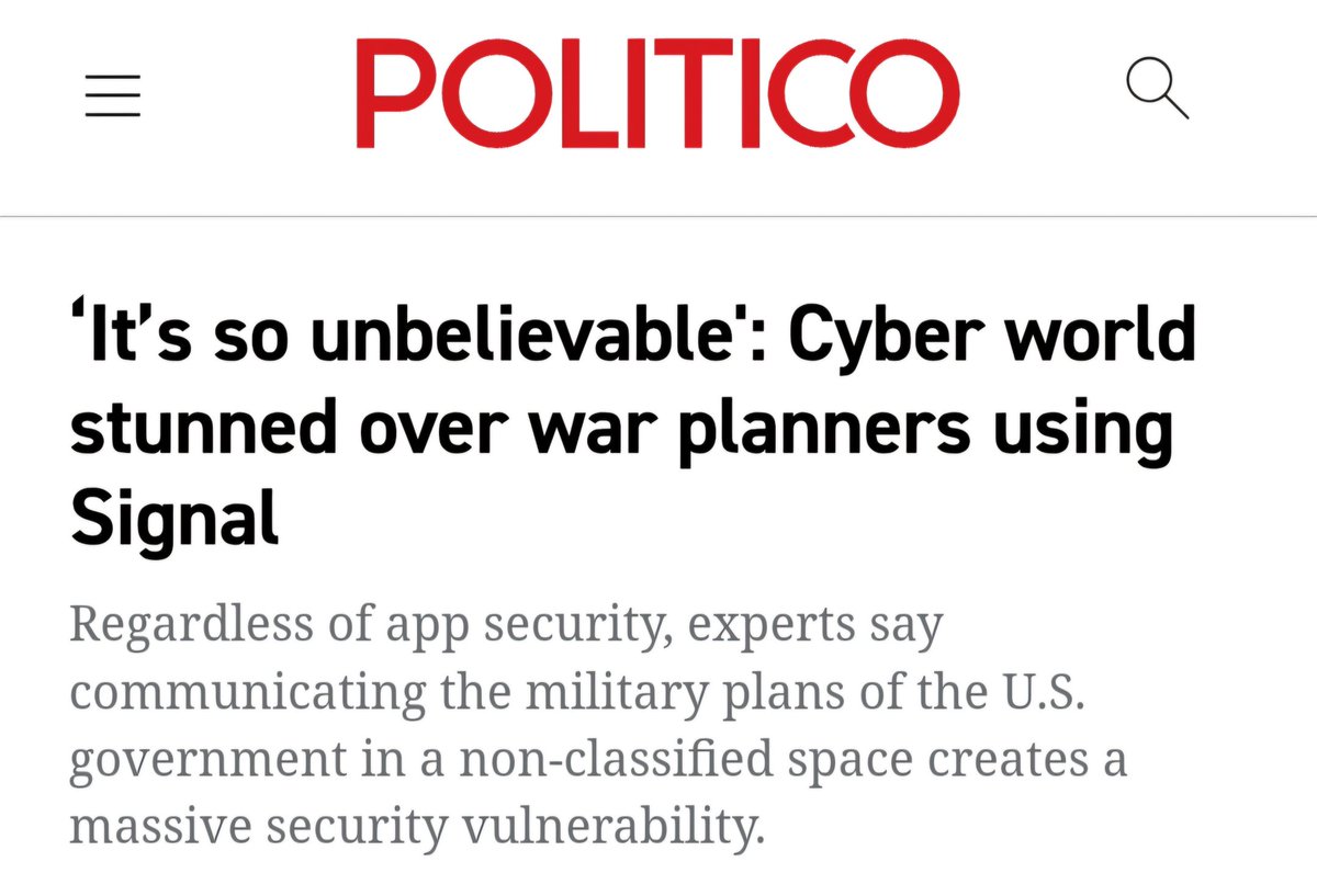 This Politico story adds some interesting information about the Signal incident:

- In most cases, one cannot download Signal onto official federal devices, meaning that these people were most probably using their personal devices
- Personal phones are hackable, and there's good