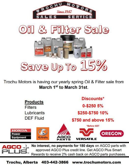 We are extending our Oilt and Filter Sale until April 18th! Make sure to stop by and claim your discounts for getting your equipment ready for spring.