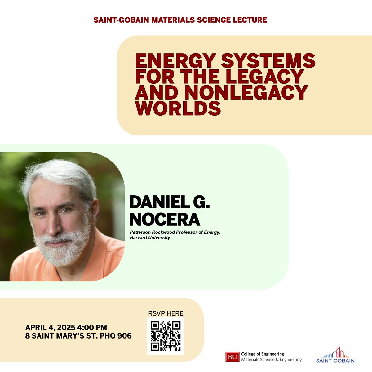 We are hosting our 4th annual Saint Gobain Lecture on April 4th! Mingle with like-minded peers and faculty and learn about Harvard University Professor Dan Nocera’s research: Energy Systems for the Legacy and Nonlegacy Worlds! RSVP at
bu.edu/eng/academics/…