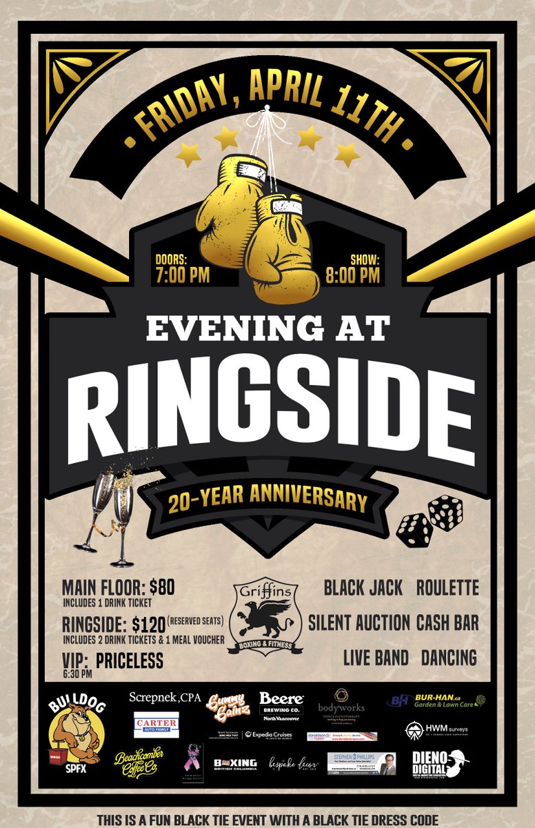 #RINGSIDESEATS are SOLD OUT for Evening at Ringside, with Main Floor seats at 50% sold [and moving quickly]. 

Don't miss out on our 20-year anniversary #fightnight, and act accordingly now for the last few spots: 

griffinsboxing.com/events/evening…