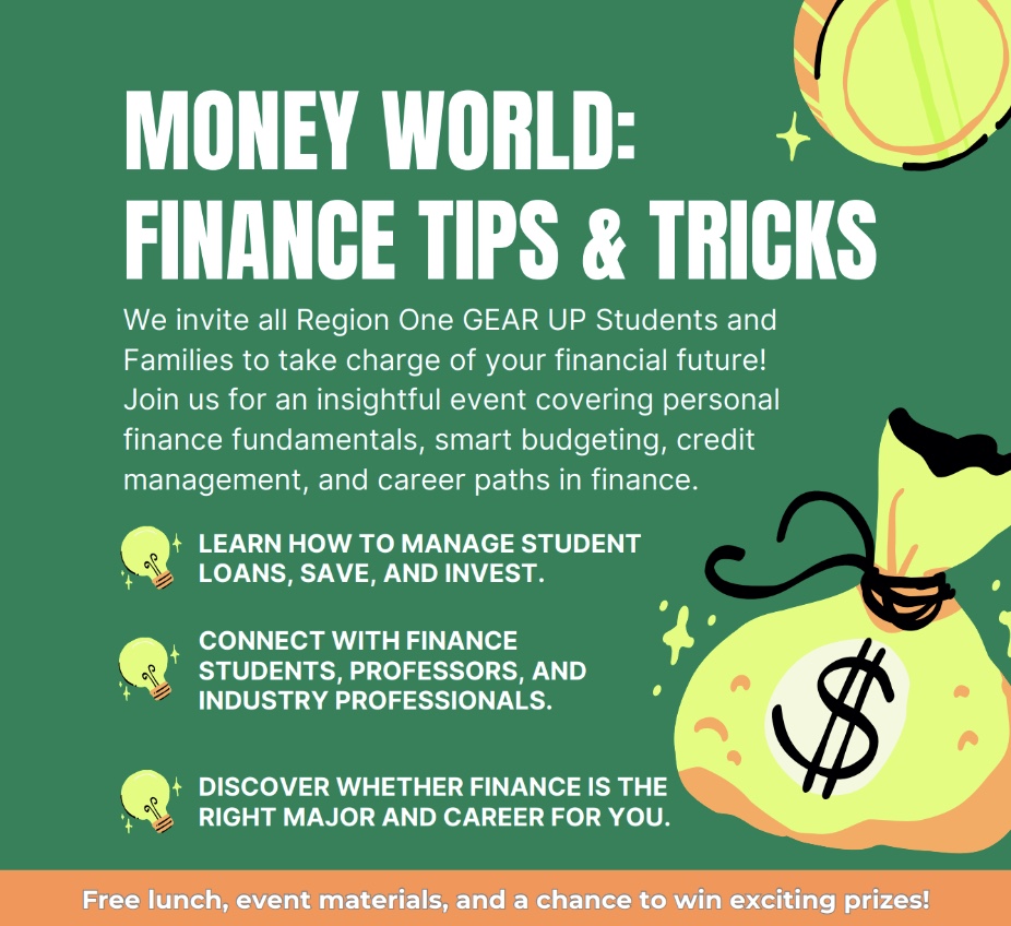 Region One GEAR UP Class of 2024: We are hosting a finance tips &amp; tricks session covering:

✅ Smart budgeting &amp; credit management
✅ Student loans, saving, &amp; investing
✅ Careers in finance &amp; connections with industry pros

RSVP at bit.ly/3FdRbjA.