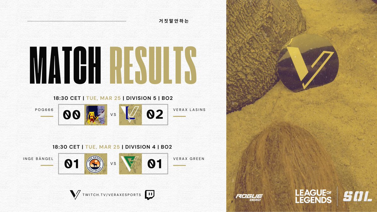 Verax Green unfortunately doesn't make it to playoffs this time, but Lasins manage to get another 2-0 off stream (caster curse confirmed!?)!

Thanks for tuning in, and you'll get to see more of Verax Lasins when they face the other teams in playoffs in div. 5! 🤗

#SOLS10 #SOL25