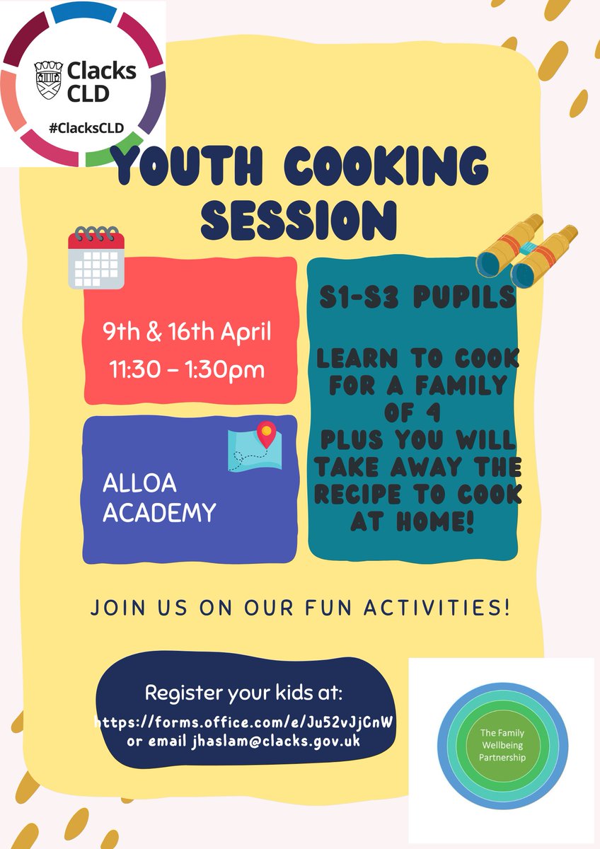 FWP Community Around the School (@clacksfwp) on Twitter photo Thanks to <a href="/ClacksCLD/">Clackmannanshire CLD</a> who are running cooking sessions <a href="/AlloaAcademy/">Alloa Academy</a> over the Easter break ๐
#clackmannanshirefamilywellbeingpartnership
Family cooking: forms.office.com/e/HSE2saLNH2
S1-3 cooking: forms.office.com/e/Ju52vJjCnW Thanks to <a href="/ClacksCLD/">Clackmannanshire CLD</a> who are running cooking sessions <a href="/AlloaAcademy/">Alloa Academy</a> over the Easter break ๐
#clackmannanshirefamilywellbeingpartnership
Family cooking: forms.office.com/e/HSE2saLNH2
S1-3 cooking: forms.office.com/e/Ju52vJjCnW
