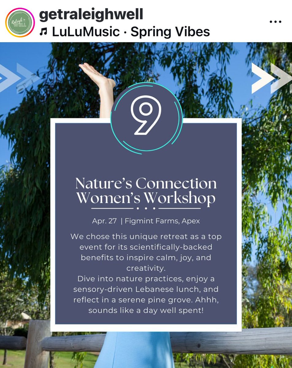 My upcoming Women’s Nature Connection Workshop has been selected as one of the top ten events for April by Get Raleigh Well!

So wonderful to see the wellness movement growing, especially with nature connection.

Would you like to join us? 

bit.ly/NCWeventbrite

#Raleigh