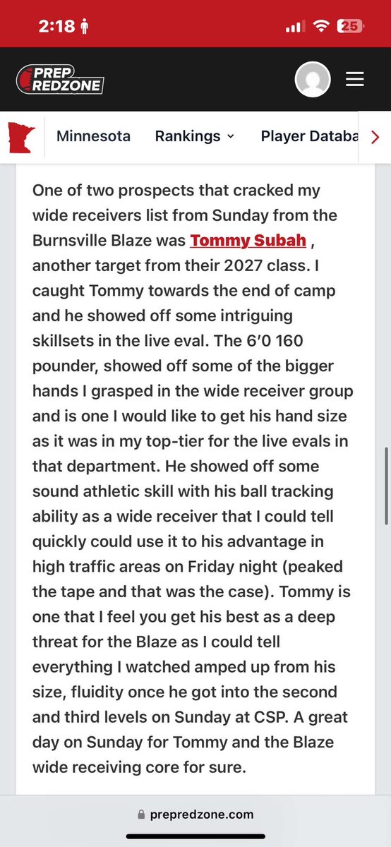 Tommy Subah (@subahtommy) on Twitter photo Thank you <a href="/NWahlScouting/">Nate Wahl</a> <a href="/PrepRedzoneMN/">Prep Redzone Minnesota</a> <a href="/OJW_Scouting/">PrepRedzone Oliver</a> for the write up <a href="/CoachRyanKing/">Ryan King</a> Thank you <a href="/NWahlScouting/">Nate Wahl</a> <a href="/PrepRedzoneMN/">Prep Redzone Minnesota</a> <a href="/OJW_Scouting/">PrepRedzone Oliver</a> for the write up <a href="/CoachRyanKing/">Ryan King</a>