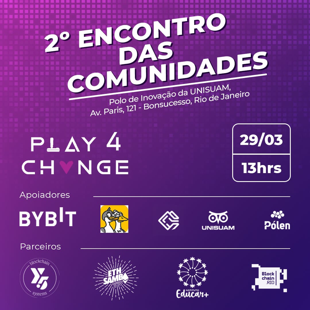 🚨 Vem aí o 2º Encontro das Comunidades!
🗓️ 29/03 no Polo de Inovação da UNISUAM (RJ)

👾 Hackathons para jovens e adultos
🧠 Conferência com especialistas em blockchain, impacto social e inovação
🕘 Das 9h às 18h

lu.ma/spzxy6uw