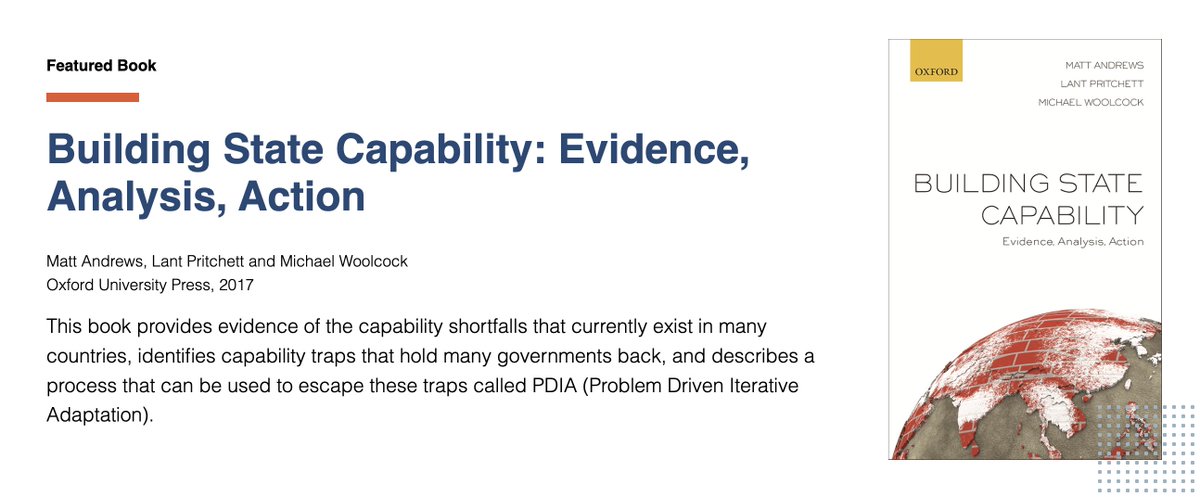 Have you read our book "Building State Capability: Evidence, Analysis, Action"?  

Part one explains how countries get stuck in capability traps, while part two introduces the #PDIA process &amp; how it works in practice.  

📖 Download &amp; start using it today bsc.hks.harvard.edu/publications/b…