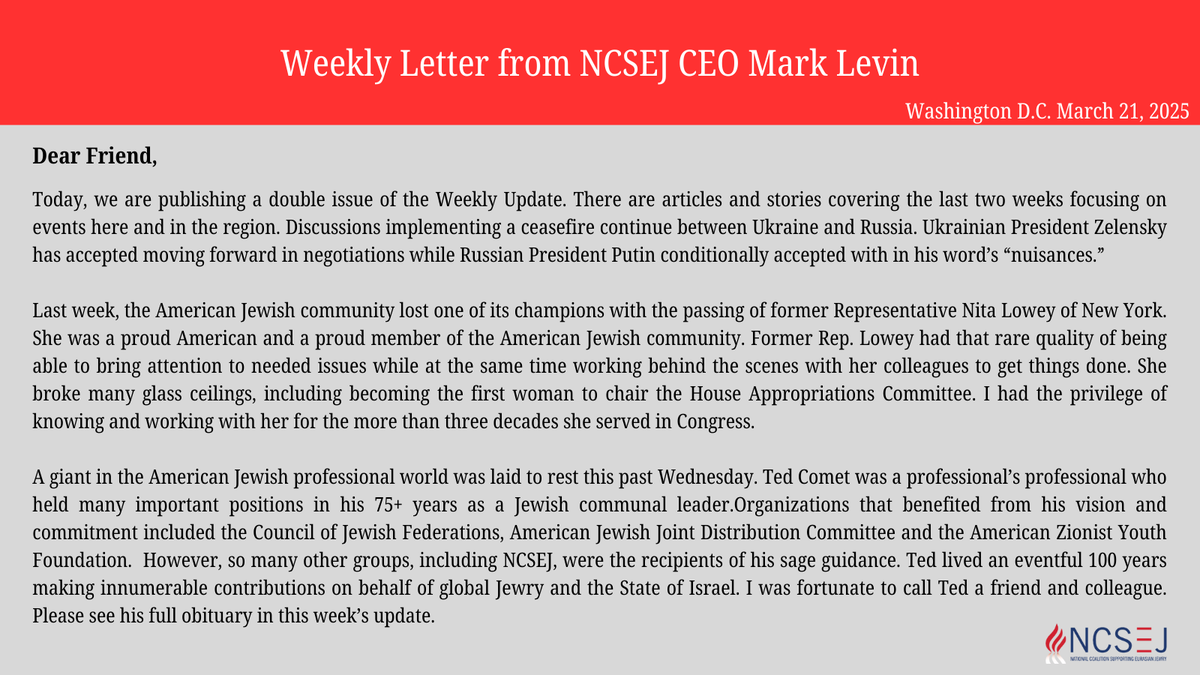 NCSEJ's tweet photo. Weekly Letter from NCSEJ CEO Mark Levin, March 21, 2025 https://t.co/OK40ABa7Ta