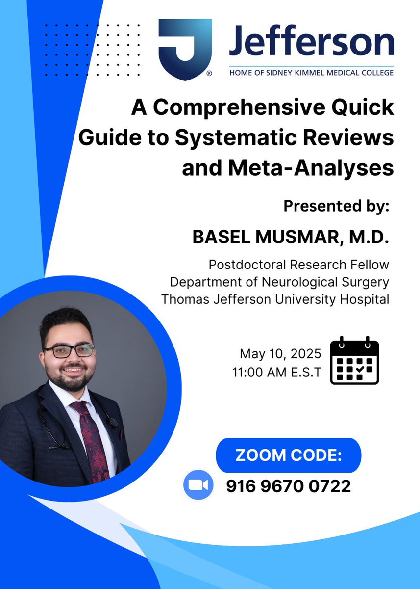 Basel Musmar (@musmarbasel) on Twitter photo Please join me for a practical, straight-to-the-point webinar on systematic reviews, meta-analysis types, and a quick intro to network meta-analysis on May 10th at 11:00 AM E.S.T
Would love to have you there!
<a href="/PascalJabbourMD/">Pascal Jabbour MD, FAANS, FACS, FAHA</a> <a href="/TJUHNeurosurg/">Jefferson Neurosurgery</a> Please join me for a practical, straight-to-the-point webinar on systematic reviews, meta-analysis types, and a quick intro to network meta-analysis on May 10th at 11:00 AM E.S.T
Would love to have you there!
<a href="/PascalJabbourMD/">Pascal Jabbour MD, FAANS, FACS, FAHA</a> <a href="/TJUHNeurosurg/">Jefferson Neurosurgery</a>