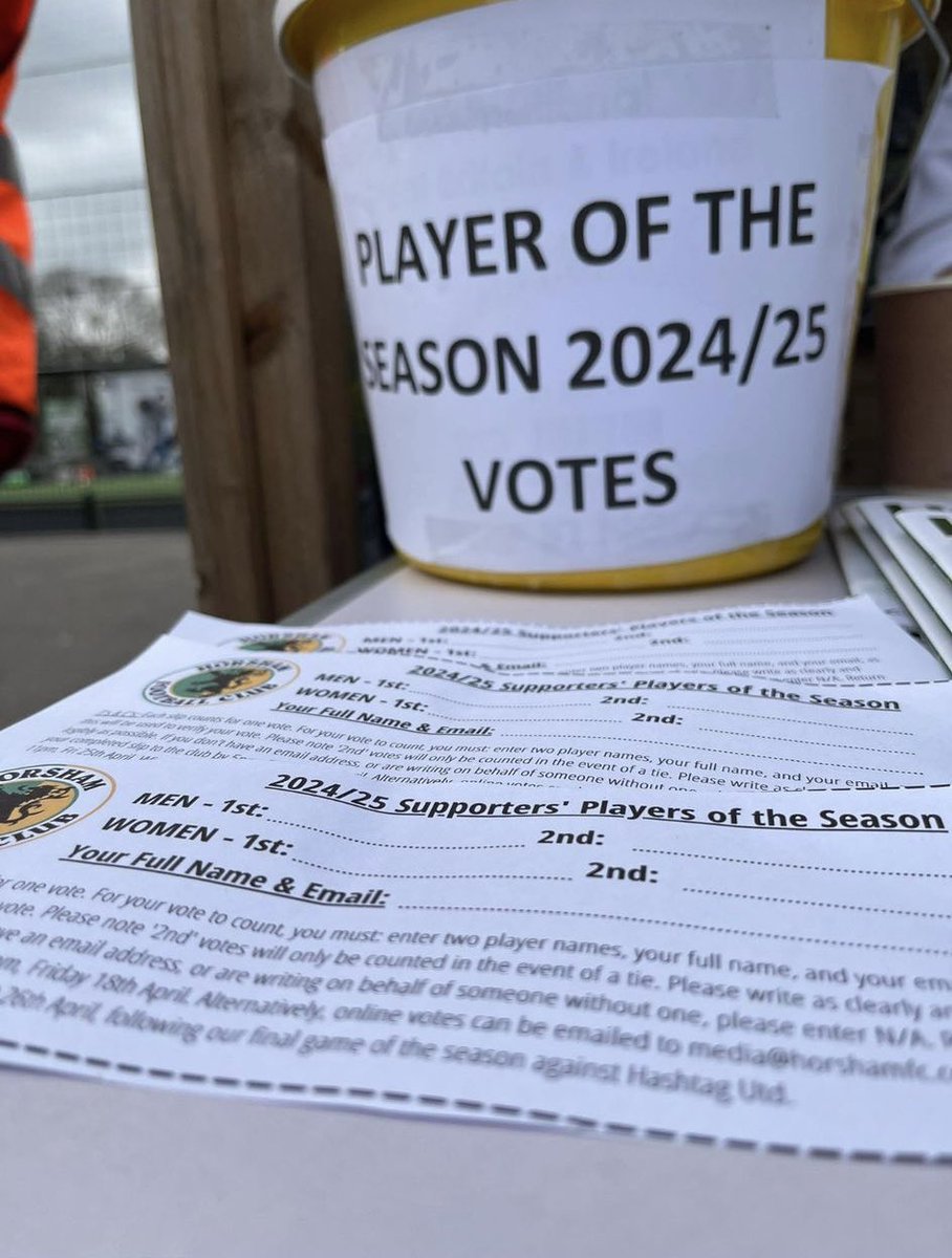 You can now cast your vote for Supporters’ Player of the Season 2024/25 🗳️

Email your top two players to media@horshamfc.co.uk by 11pm on the 25th April OR submit a paper slip which will be available at our last home game against East Preston on the 6th April.