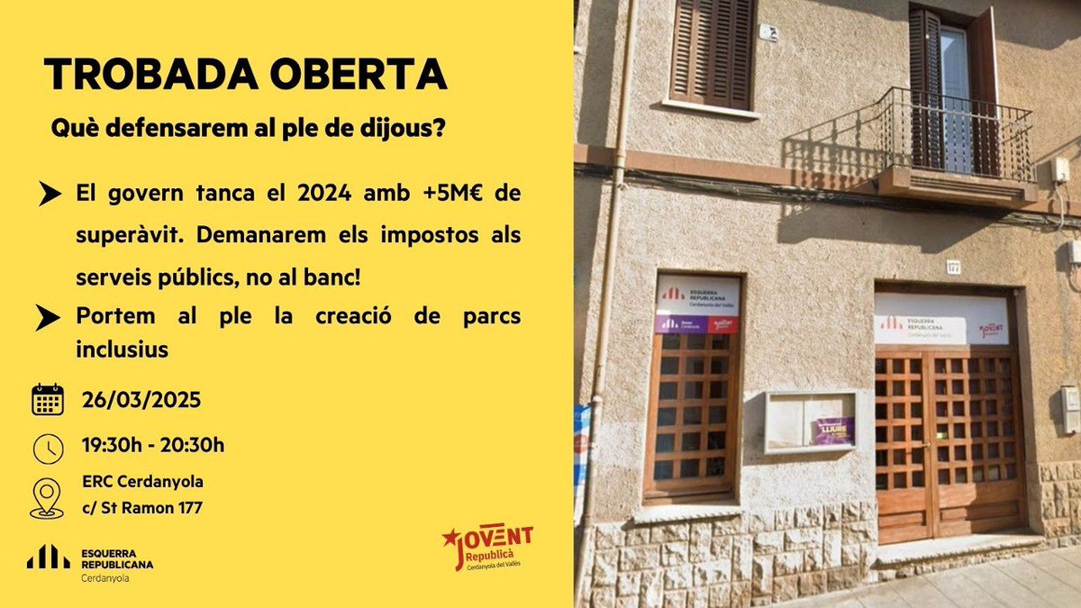 ERCerdanyola's tweet photo. Demà dimecres farem una trobada oberta per comentar els punts que defensarem al proper ple municipal. Vine a dir-hi la teva, resoldre dubtes o fer propostes.T'esperem

#trobadaoberta #plemunicipal #cerdanyolarepublicana https://t.co/eOVViF6C8M