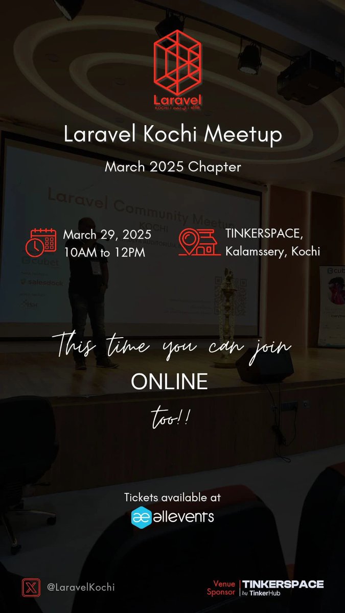 LaravelKochi's tweet image. 🌟 Exciting News for Laravel Artisans! 🌟

Join  us this week for the Laravel Kochi Meetup - March 2025 Chapter

📅 Date: 29th March
📍 Location: maps.app.goo.gl/79vZFv1miyfmfx… 
🔗 Register now: allevents.in/kochi/laravel-…