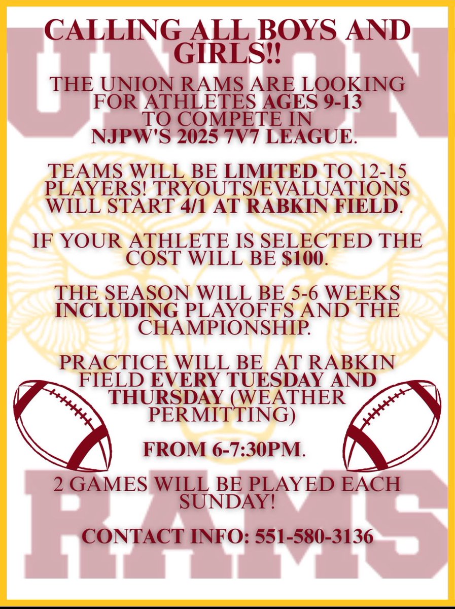 🚨7-V-7 FOOTBALL FOR BOYS &amp; GIRLS IN UNION, NJ 🚨 <a href="/UnionRAMS/">Union RAMS</a> <a href="/TheU_FarmersFB/">UHS FOOTBALL</a> <a href="/UnionHS_Sports/">UnionHS_Sports</a> <a href="/CoachBGGrant/">BG Grant</a>