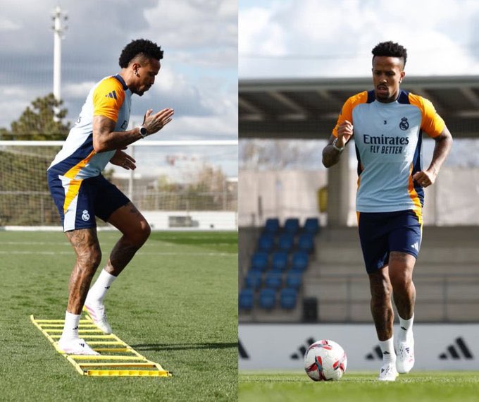 FabrizioRomano's tweet photo. 🚨⚪️ Éder Militão returns on the pitch as initial training sessions after ACL injury. https://t.co/GMqoNKkIbC
