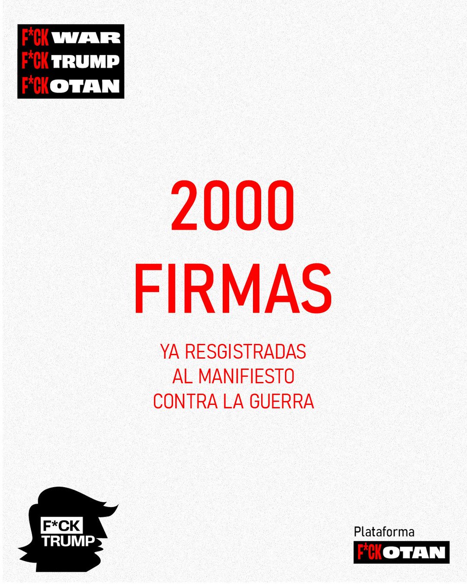 Gracias a todas por su apoyo al manifiesto #ParemosLaGuerra. Hasta ahora hemos reunido 2000 firmas, un reflejo del rechazo al régimen de guerra de la OTAN y EE.UU.

Sigue firmando FCKOTAN.COM