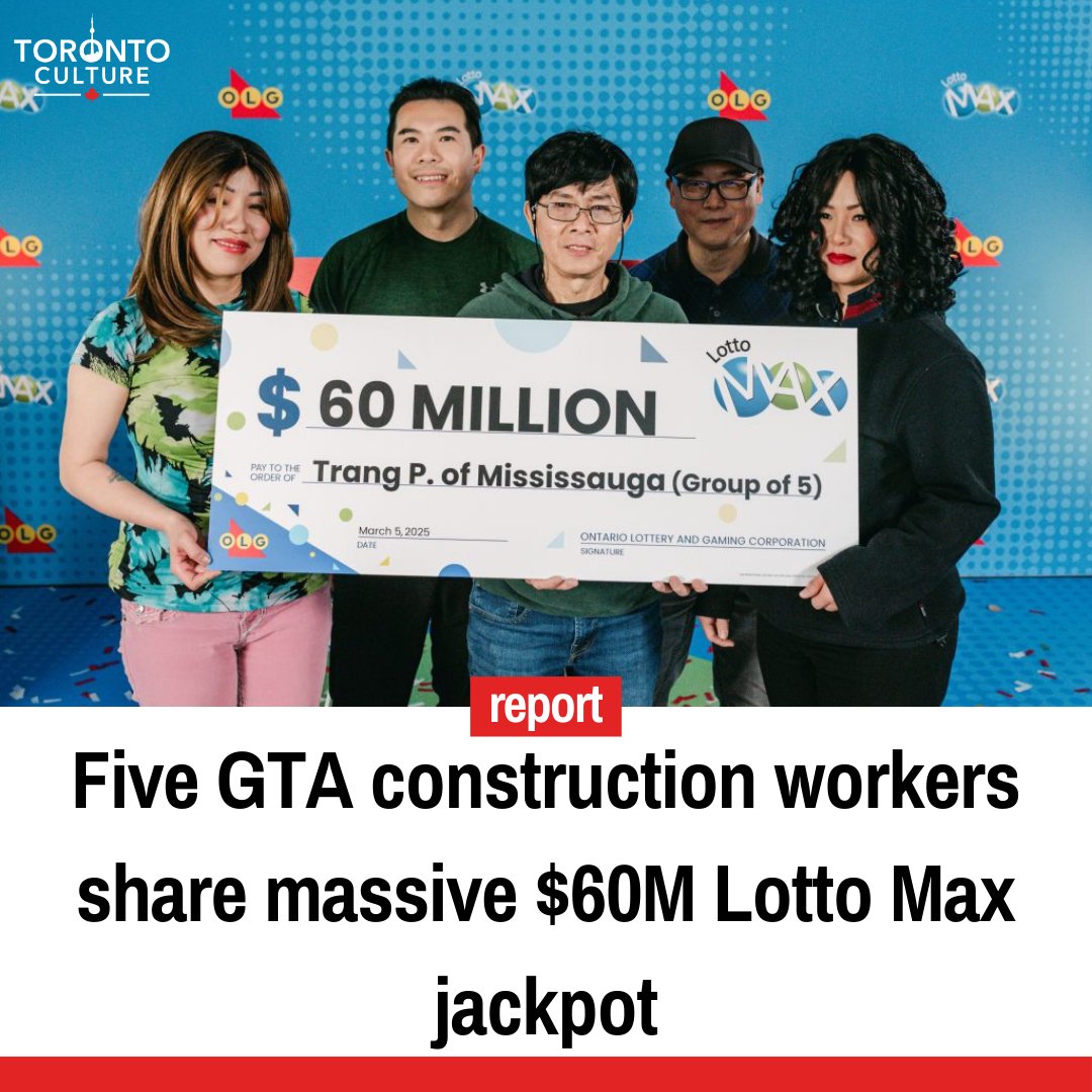 toronto_culture's tweet image. Five GTA construction workers won a $60M Lotto Max jackpot after years of playing together. In shock, they plan to support their families, travel, and secure their futures. 

#LottoMax #GTALottery #LifeChangingWin #TorontoNews #TorontoCulture