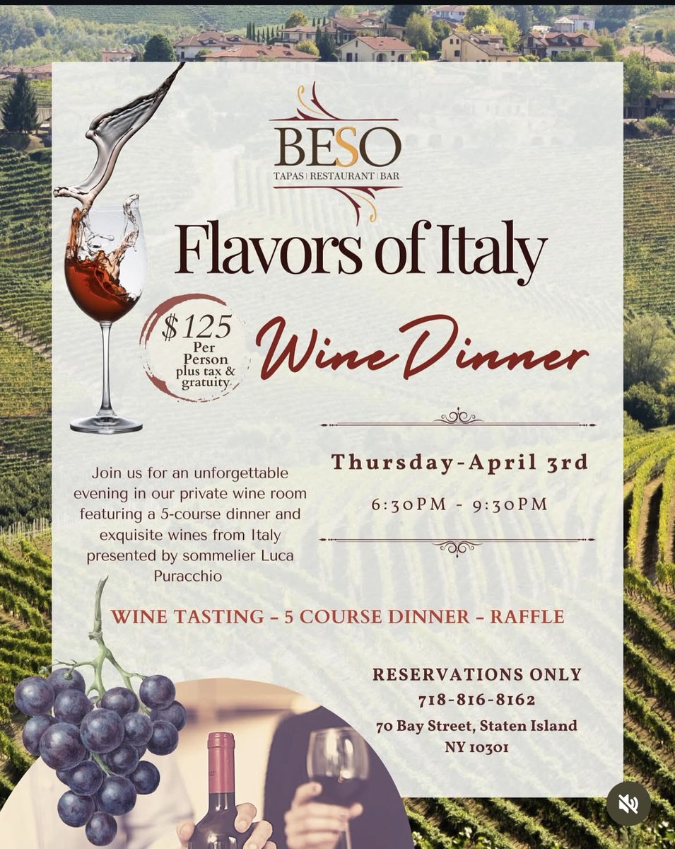 Sip, savor, and experience the Flavors of Italy at #Beso! 🍷✨ Enjoy a 5-course dinner paired with exquisite Italian wines, guided by sommelier Luca Puracchio. Plus, there’s a raffle! #downtownSInyc #WineDinner #FlavorsOfItaly