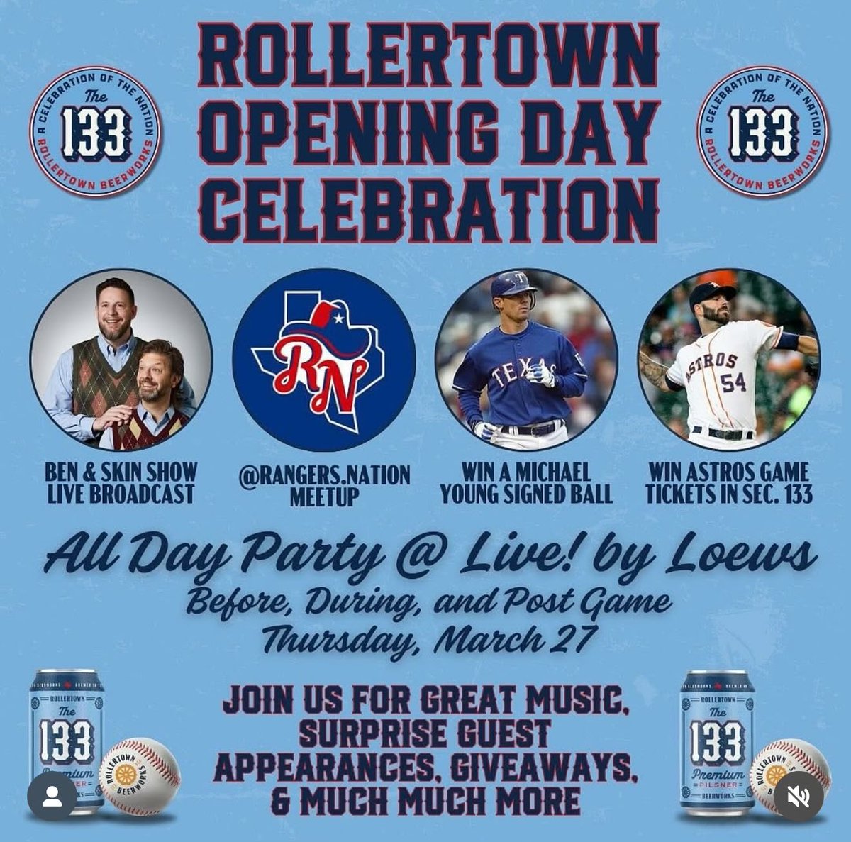 Not a paid advertisement.  Not a favor.  I’m sharing this because my friends are hosting it Opening Day &amp; it sounds awesome. 

* 12-3P: Live music from Branoofunk
* 3-6P: The Ben &amp; Skin Show broadcasts LIVE
* Michael Young signed baseball giveaways
* Post-Game Party

Tons more!