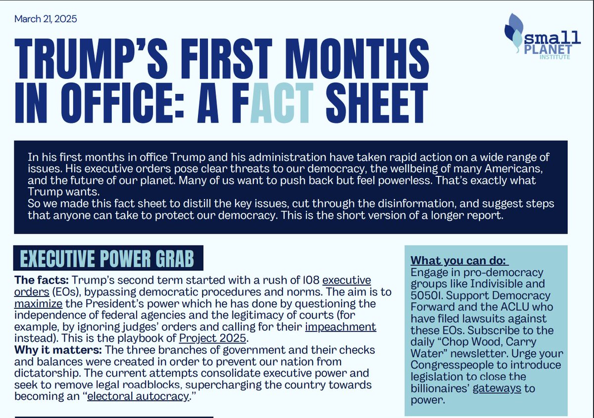 If you're overwhelmed by the wave of destruction &amp; chaos coming from Trump and his allies, you're not alone. SPI offers this fact sheet to underscore how much damage Trump has done to our democracy already &amp; to share ideas for how to take action.

smallplanet.org/_files/ugd/45e…