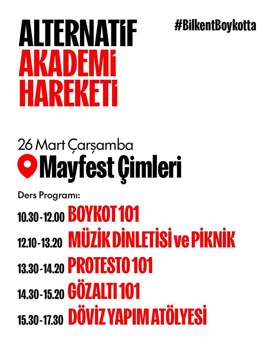 Bilkent Kulüp ve Topluluklarının bir araya gelerek oluşturduğu Alternatif Akademi Hareketi, sıra arkadaşlarımızın desteğiyle 26 Mart 2025 tarihinde başlıyor! Direnişin herkese yayılması, hepimizin bilgili ve güvenli kalması için hazırlanan atölyelerimize katılımını bekliyoruz.