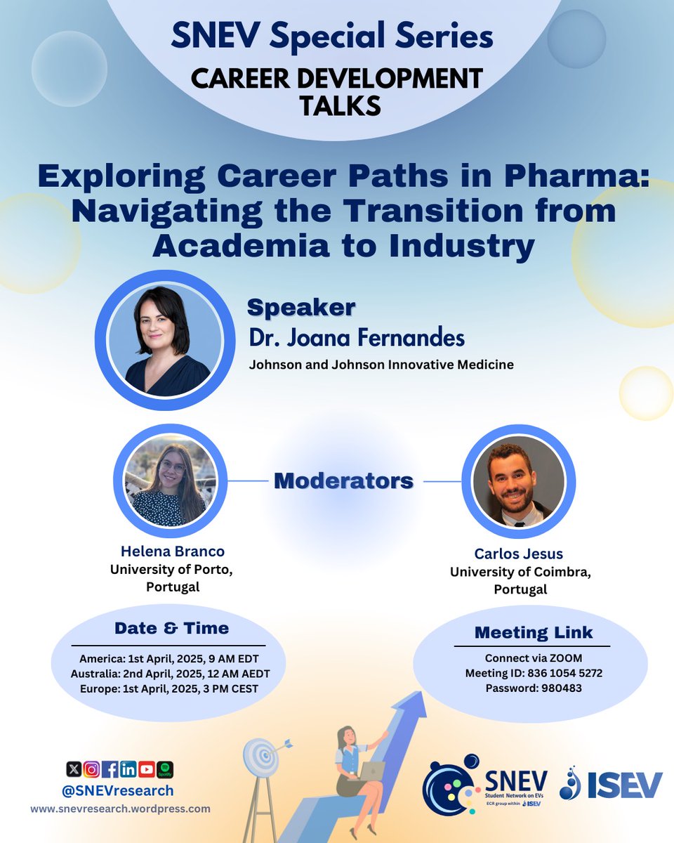 Join us on 1st April to listen to Dr. Joana Fernandes about diverse career opportunities in the pharmaceutical industry and shares key strategies for a successful transition! 
⏰TimeZone: notime.zone/OMDgF9Fdm2q32
🎯Become a SNEV-ISEV member for FREE: isev.org/membership