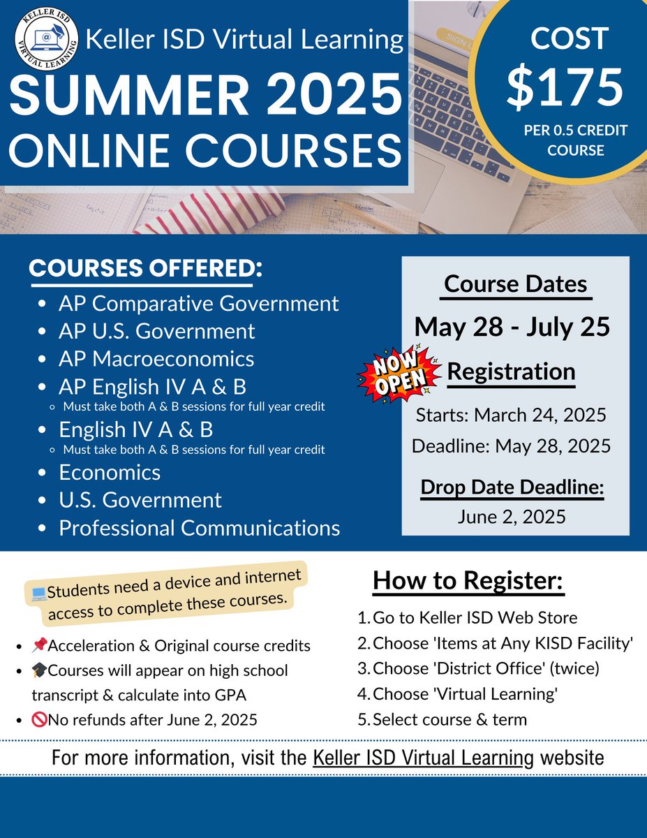 🚨 Registration is OPEN for <a href="/KellerISD/">Keller Schools</a> Summer Online Courses!  🚨
📷 Learn more:  kellerisd.net/departments/vi……
 📌Check out the flyer for details! <a href="/TimberCreek_HS/">Timber Creek High School</a> <a href="/KHSIndianNation/">Keller High School</a> <a href="/FossilRidgeKISD/">Fossil Ridge High School</a> <a href="/KellerCentralHS/">Keller Central HS</a> <a href="/KISD_Academy/">Keller Collegiate Academy</a> <a href="/KCAL_KISD/">KCAL KISD</a>