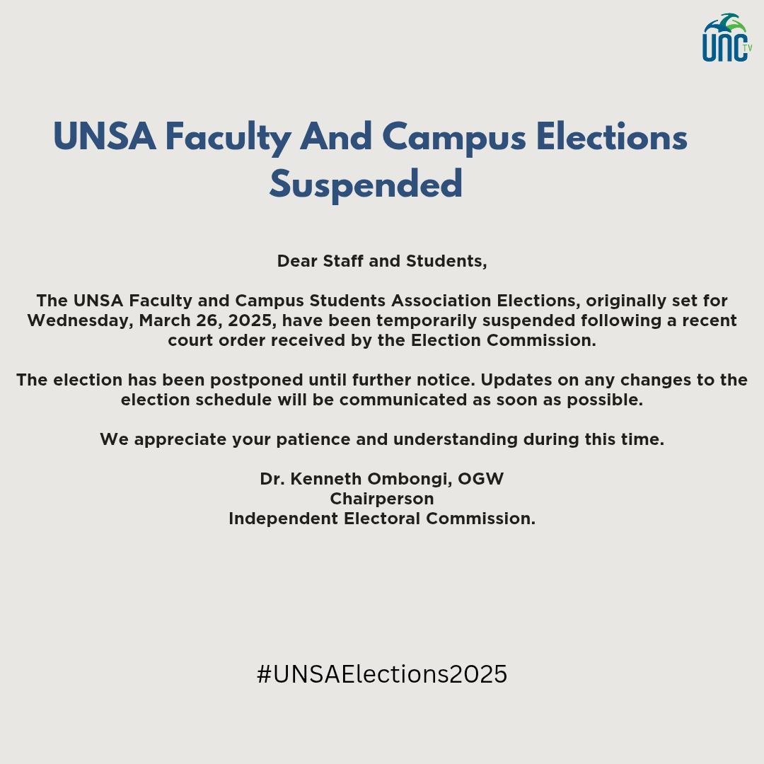 UNC TV (@unctvke) on Twitter photo IMPORTANT ANNOUNCEMENT 📢
The UNSA Faculty & Campus Students Association Elections scheduled for March 26, 2025, have been temporarily suspended following a court order received by the Election Commission.<a href="/CouncilUnsa/">UNSA ELECTORAL COUNCIL</a> <a href="/uonbi/">University of Nairobi</a> <a href="/UNSA_UON/">University of Nairobi Students Association</a> <a href="/UoNLawFaculty/">University of Nairobi Faculty of Law</a> <a href="/UoNbuiltenviron/">UoN Faculty of Built-Environment and Design</a> <a href="/UONFST/">University of Nairobi Faculty of Scie & Technology</a> IMPORTANT ANNOUNCEMENT 📢
The UNSA Faculty & Campus Students Association Elections scheduled for March 26, 2025, have been temporarily suspended following a court order received by the Election Commission.<a href="/CouncilUnsa/">UNSA ELECTORAL COUNCIL</a> <a href="/uonbi/">University of Nairobi</a> <a href="/UNSA_UON/">University of Nairobi Students Association</a> <a href="/UoNLawFaculty/">University of Nairobi Faculty of Law</a> <a href="/UoNbuiltenviron/">UoN Faculty of Built-Environment and Design</a> <a href="/UONFST/">University of Nairobi Faculty of Scie & Technology</a>