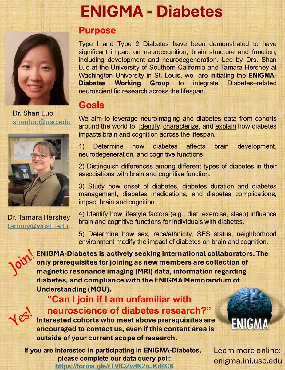 14% of adults worldwide aged 18 years and older are living with #diabetes. ENIGMA-Diabetes is an international collaboration to understand how diabetes impacts brain and cognition across the lifespan. Complete data survey to join: forms.gle/rTVfQZwtN2oJKd… <a href="/enigmabrains/">ENIGMA Consortium</a> #MRI