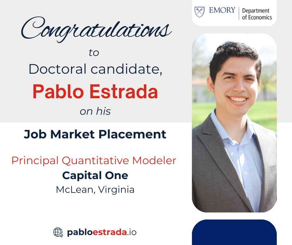 🎉 Exciting News! 🎉
We are thrilled to announce that <a href="/laneygradschool/">Emory LGS</a> doctoral candidate, Pablo Estrada [@pabloestradac] has accepted a position as Principal Quantitative Modeler at Capital One! ✨ Please join us in congratulating Pablo on this fantastic achievement! 👏👏