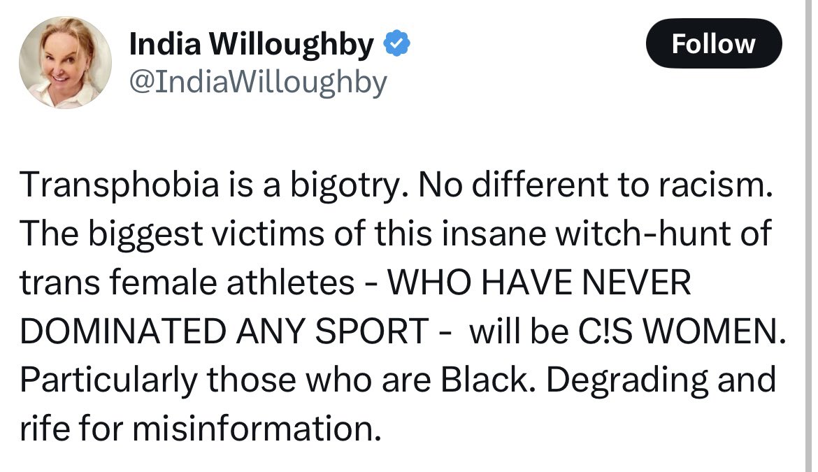 As of October 2024, trans-identified men had taken nearly 900 medals from women in female sporting categories.

And why exactly would black female athletes suffer more from giving a cheek swab, India?