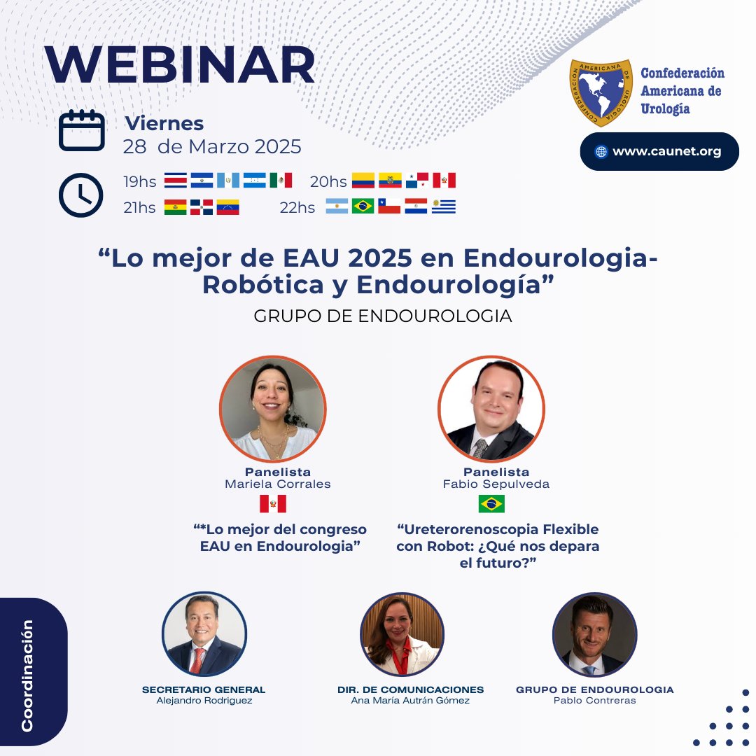 No te pierdas este 28 de Marzo el  webinar  de: "Lo mejor de EAU 2025 en Endourología - Robótica y Endourología"
Regístrate: us06web.zoom.us/webinar/regist…

<a href="/siupurol/">siupurol</a> #SomosCAU