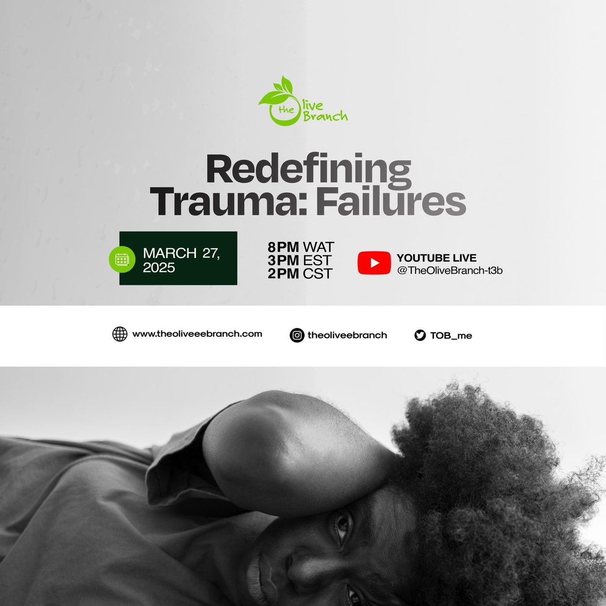 TOB_me_'s tweet photo. Our monthly live session is happening this Thursday, 27th of March, 2025 at 8 PM WAT on YouTube 

We’ll be diving into Redefining Trauma: Failures—exploring how setbacks shape us, the emotional weight of failure, and how to turn challenges into growth. https://t.co/AodqZSDGly