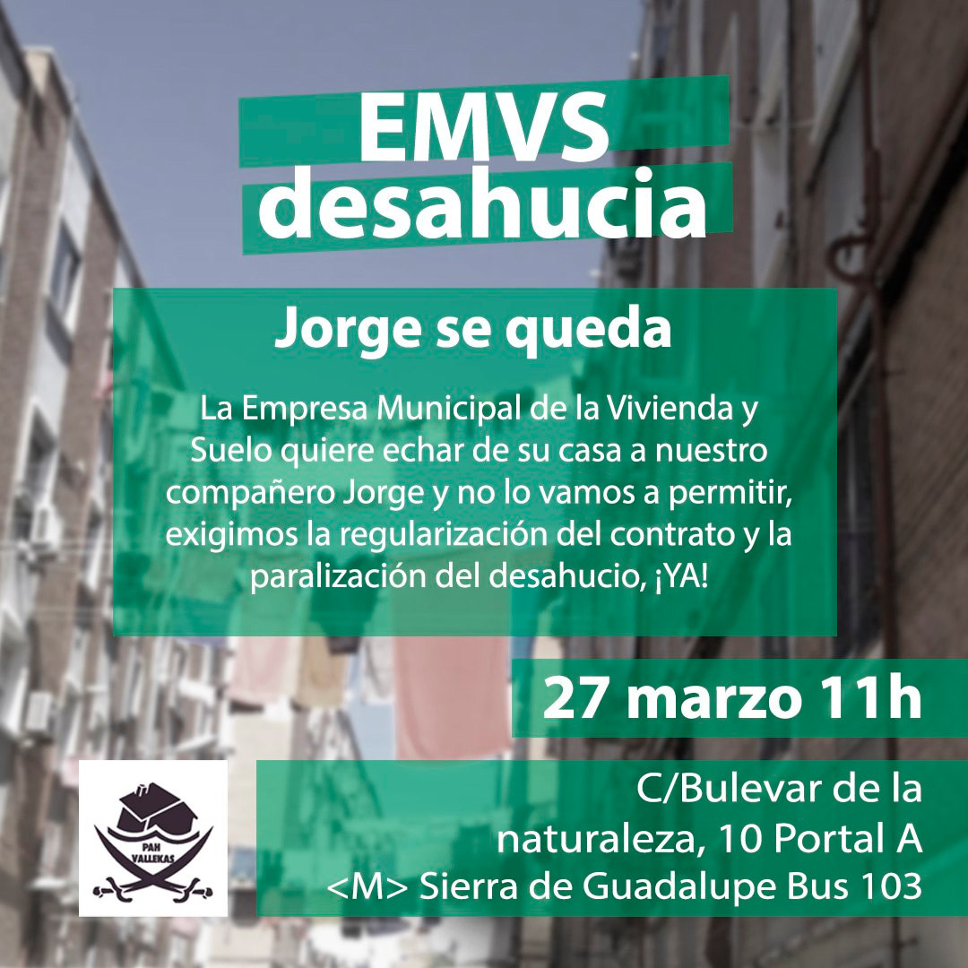 El jueves volvemos a tener un desahucio de vivienda pública, esta semana de #JorgeSeQueda. No sólo no garantizan el derecho a la vivienda, sino que además, desahucian a sus inquilinas. Vamos a ser muchas para exigir que se pare el desahucio y se renueve el alquiler.