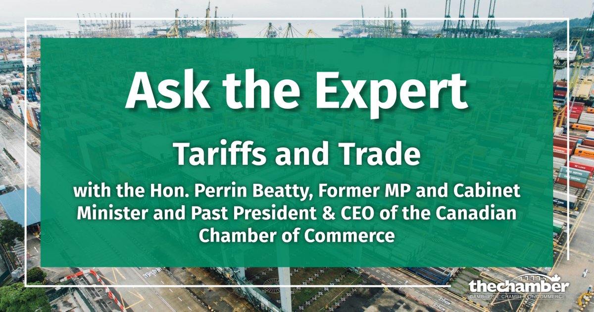Cambridge Chamber (@my_chamber) on Twitter photo This Thursday on 'Ask the Expert,' the Hon. <a href="/PerrinBeatty/">Perrin Beatty</a>, former MP & President & CEO of the <a href="/CdnChamberofCom/">Canadian Chamber of Commerce</a>, joins <a href="/GregDurocher/">Greg Durocher</a> for a look at the impact this unnecessary trade war will have on businesses. Visit chambercheck.ca to join the conversation. #tariffs This Thursday on 'Ask the Expert,' the Hon. <a href="/PerrinBeatty/">Perrin Beatty</a>, former MP & President & CEO of the <a href="/CdnChamberofCom/">Canadian Chamber of Commerce</a>, joins <a href="/GregDurocher/">Greg Durocher</a> for a look at the impact this unnecessary trade war will have on businesses. Visit chambercheck.ca to join the conversation. #tariffs